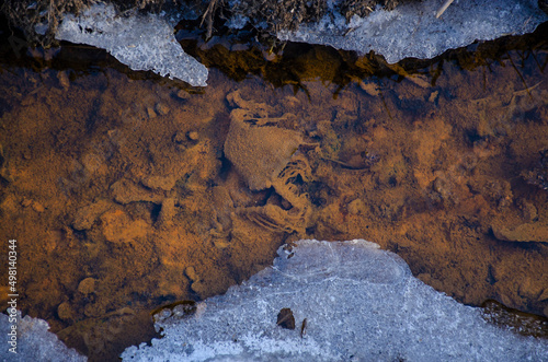 Detail of polluted stream bed. Polluted lifeless stream. Nature pollution concept. Stream in winter with ice around the edges. Top view of the orange creek in ice