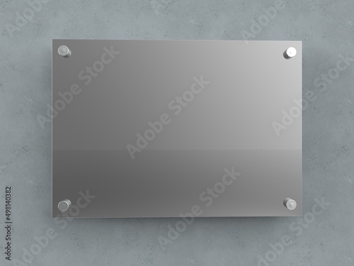 Blank A4 polished metal plate. Office corporate Signage plate Mock Up template for branding, logo. Polished metal advertising signboard mockup front view. 3D rendering