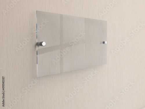 Blank grey rectangle glass office corporate on cream background Signage plate Mock Up Template, Clear Printing board for branding, logo. Acrylic advertising signboard mockup side view.