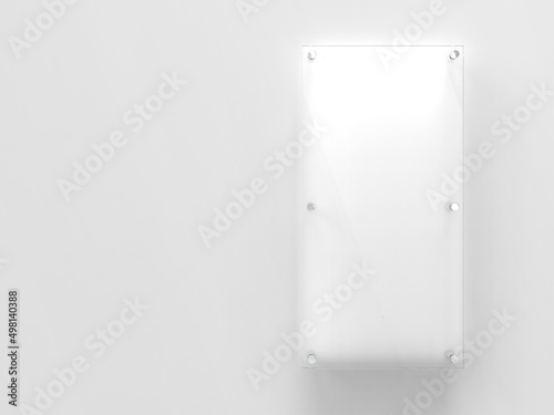 Blank high vertical transparent glass office corporate Signage plate Mock Up Template, Board for branding, logo. Transparent acrylic advertising signboard proportion 1 : 2 front view. 3D rendering