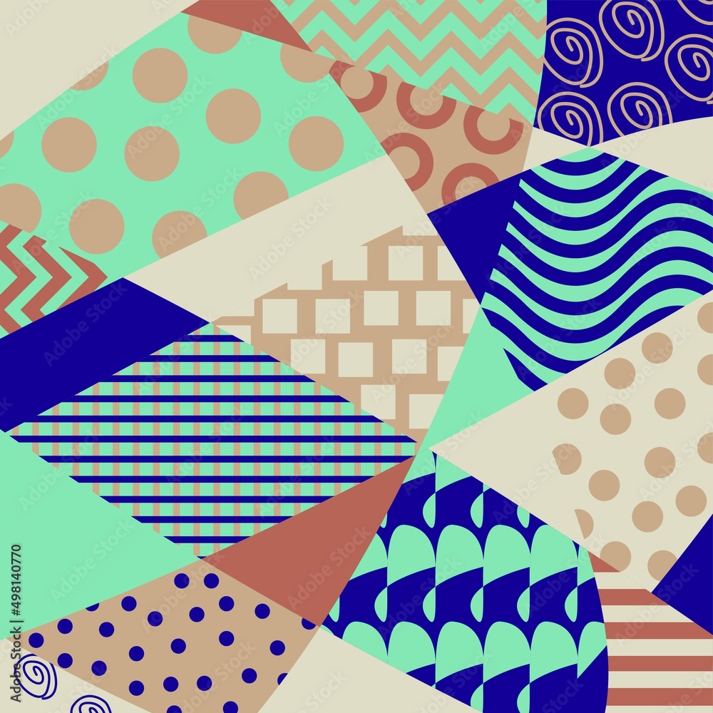 Vector illustration is an abstract pattern with geometric patches and an ornament of trendy pastel colors. Concept - contemporary art Vector illustration is an abstract pattern with geometric patches and an ornament of trendy pastel colors. Concept - contemporary art