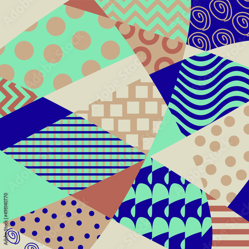 Vector illustration is an abstract pattern with geometric patches and an ornament of trendy pastel colors. Concept - contemporary art
