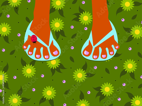 Vector illustration - two feet in blue flip-flops are standing on green grass with bright yellow flowers and a ladybug. Concept - summer rest and relaxation