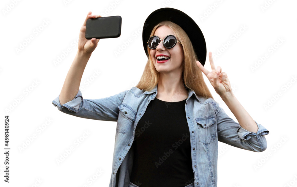 Portrait of happy smiling young woman taking selfie by smartphone wearing black round hat isolated on white background Portrait of happy smiling young woman taking selfie by smartphone wearing black round hat isolated on white background
