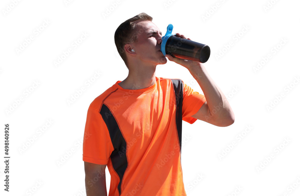 Portrait of tired runner man drinking from bottle the water or protein shake, male sportsman resting after hard training isolated on white background Portrait of tired runner man drinking from bottle the water or protein shake, male sportsman resting after hard training isolated on white background