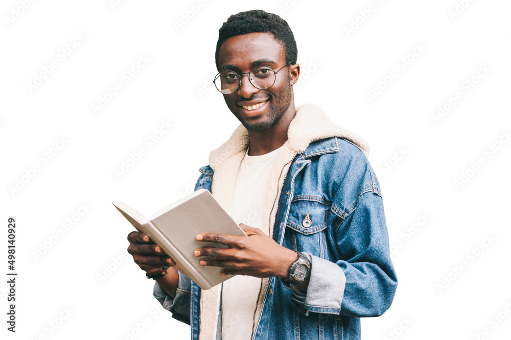 Portrait of young african man student with book looking at camera wearing eyeglasses isolated on white background Portrait of young african man student with book looking at camera wearing eyeglasses isolated on white background