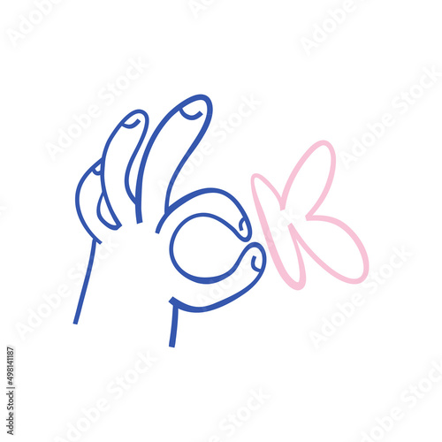 Ok hand gesture sign. Cartoon hand drawn okay hand. Vector illustration on the white background.