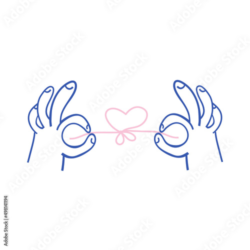 Cartoon hands finger hold a pink thread in the shape of a heart. Love concept. Hand drawn vector illustration on the white background. © deshoff