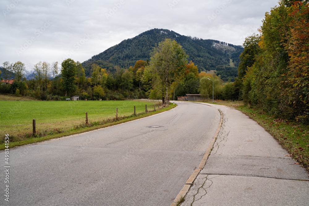 Rural road with meadow on the left, trees on the right and mountains in the background on a cold autumn day