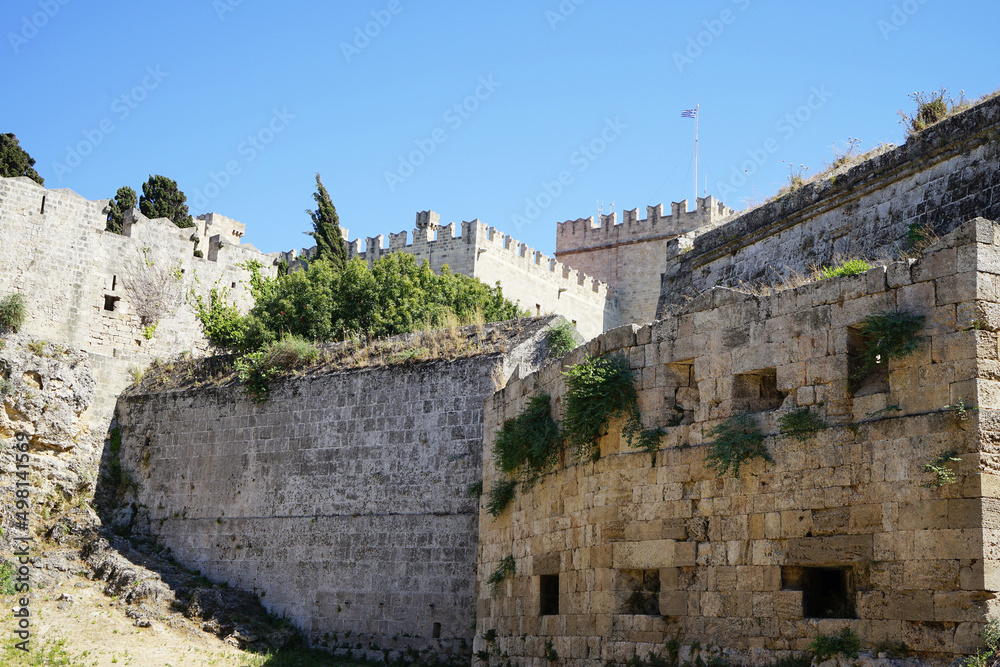 Walls of the citadel of medieval city Rhodes. Principal city on the island of Rhodes in the Dodecanese, Greece