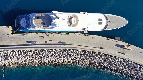 Aerial drone top view photo of luxury yacht anchored in mediterranean port © aerial-drone