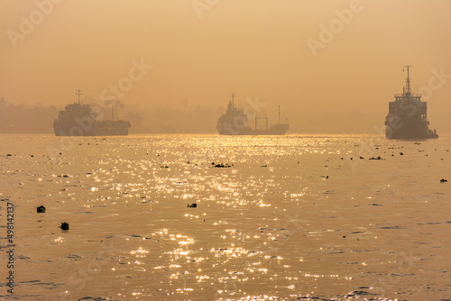 Large Sea, Ocean Carrier transport ships in the fog, Morning in the Pashur River, Mongla Port Bangladesh
