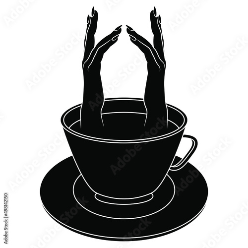 Two beautiful female hands emerging from a cup of tea or coffee. Creative funny beverage concept. Black and white silhouette.