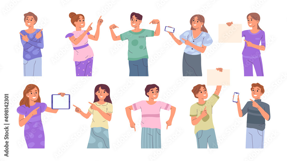 Pointing people, smiling presenter with hand gestures. Adult ad entrepreneurs presenting products on phone screen vector illustrations set. People pointing with index finger