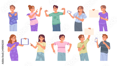 Pointing people, smiling presenter with hand gestures. Adult ad entrepreneurs presenting products on phone screen vector illustrations set. People pointing with index finger