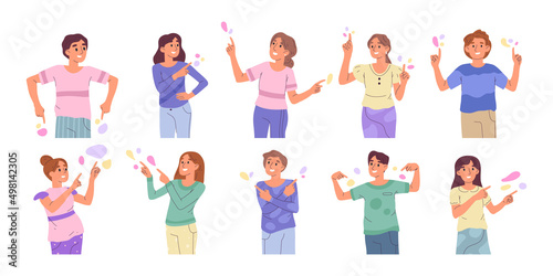 People pointing to something, characters indicating and pointing with index finger. Happy people pointing side, up and down vector symbols illustrations set. Pointing characters