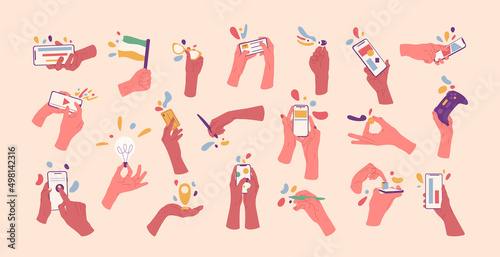 Hands holding smartphone, money, pen and credit cards. Devices, pen, joystick and flag in human hands vector symbols illustrations. Gesture hands set