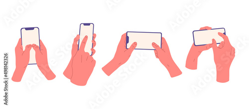 Hands with mobile phone, human hand holding smartphone. Human hands touching cellphone screens vector symbols illustrations set. Touch screen device in hands