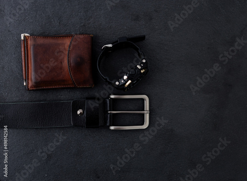 men's accessories with watch, leather wallet