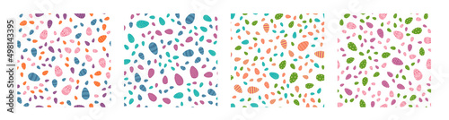 Fototapeta Naklejka Na Ścianę i Meble -  Set of Easter egg seamless patterns in cartoon flat style. Vector illustration of spring holiday colorful background