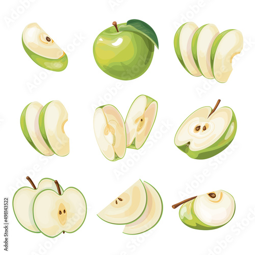 Bright vector set of colorful half, slice and segment of juicy green apple. Fresh cartoon apples on white background.