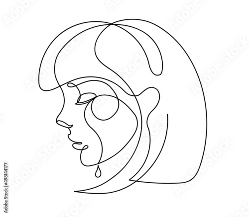 Crying woman, single line drawing. Line art portrait. Black and white drawing, vector. Sad girl drawing. One line drawing by hand.