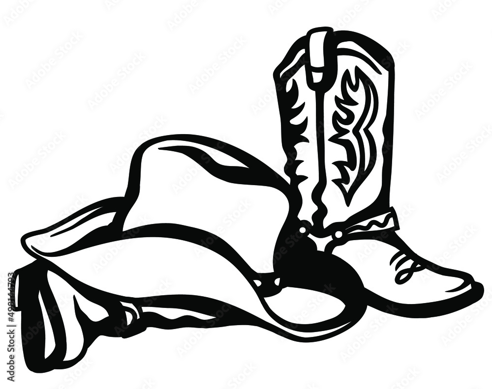 Cowboy boots and western hat. Vector black graphic hand drawn ...