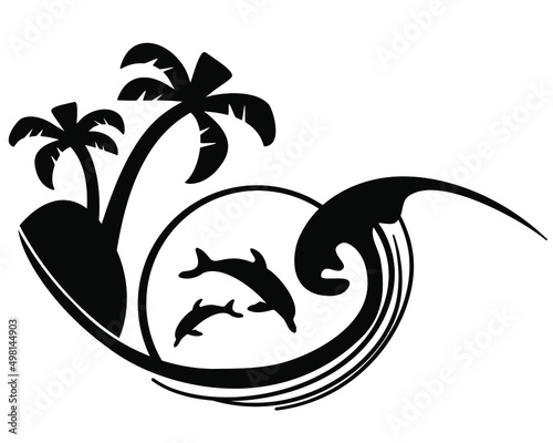 ocean waves and  dolphins silhouette. Vector circle graphic printable  illustration isolated on white. Travel summer icon print design for design