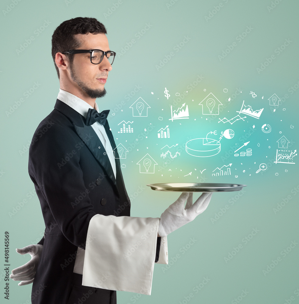 Handsome young waiter in tuxedo holding money icons on tray Handsome young waiter in tuxedo holding money icons on tray