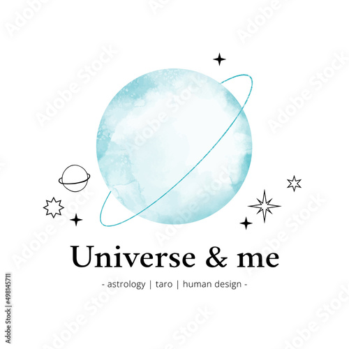 Watercolor vector logo with linear signs - blue planet with universe elements. Astrology and human design. Linear stars, moon, planets, space. Perfect for logo, card, print, branding
