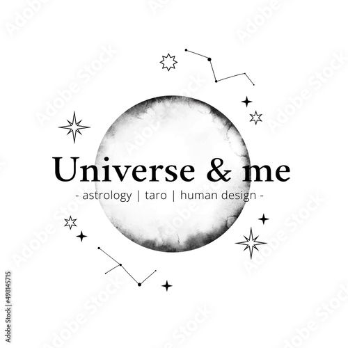 Watercolor vector logo with linear signs - black planet with universe elements. Astrology and human design. Linear stars, moon, planets, space. Perfect for logo, card, print, branding