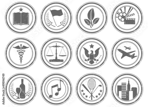 A set of 12 unique grunge stamps, designed for a variety of industries. Each seal is isolated, grouped, labeled, and on an individual layer.
