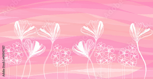 Sfondo rosa con velature e motivi floreali bianchi