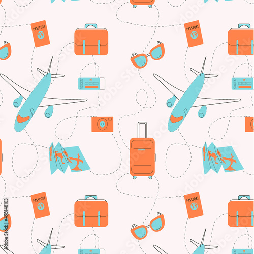 Pattern with graphic elements. Bright background on the theme of leisure and travel. A set of vacation items.
