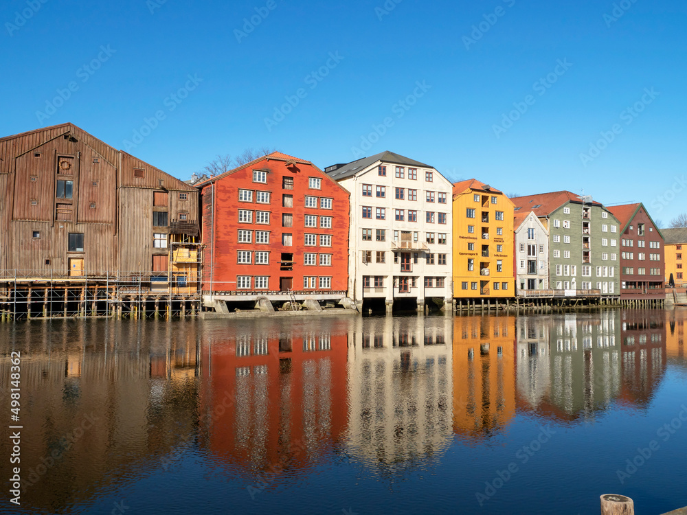 Traditional houses beside the River Nidelva in Trondheim, Norway