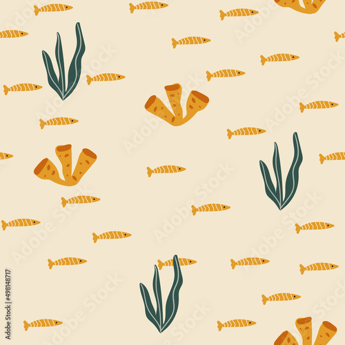 Marine seamless pattern with algae, coral, fish in cartoon style on light background