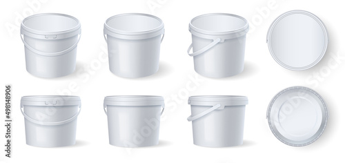 Set of white plastic buckets with handle and lid, different side views. Template mockup for branding