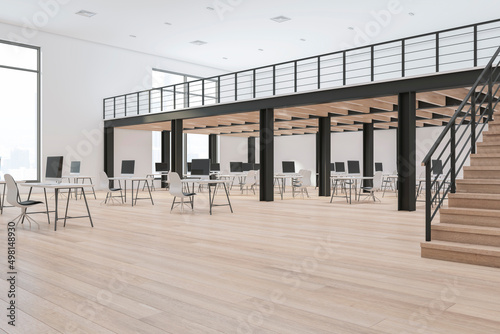 Contemporary wooden and concrete duplex office interior with daylight, furniture and equipment. 3D Rendering.