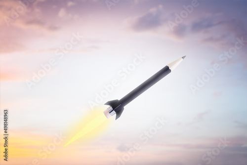 Creative blue pencil rocket on sky background. Education and start up concept. 3D Rendering.