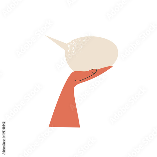 Voter with vote or Man's hand up holding white speech bubble with idea comment information opinion or message flat vector cartoon illustration. One person arm with poll card isolated on background