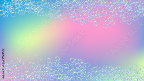 Cleaning foam. Soap bubble. Detergent suds for bath. Shampoo. Rainbow fizz and splash. Realistic water frame and border. 3d vector illustration poster. Blue colorful liquid cleaning foam.