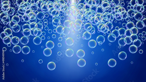 Soap bubble. Detergent bath foam and suds for bathtub. Shampoo. Rainbow Blue fizz and splash. Realistic water frame and border. 3d vector illustration invite. colorful liquid soap bubble.