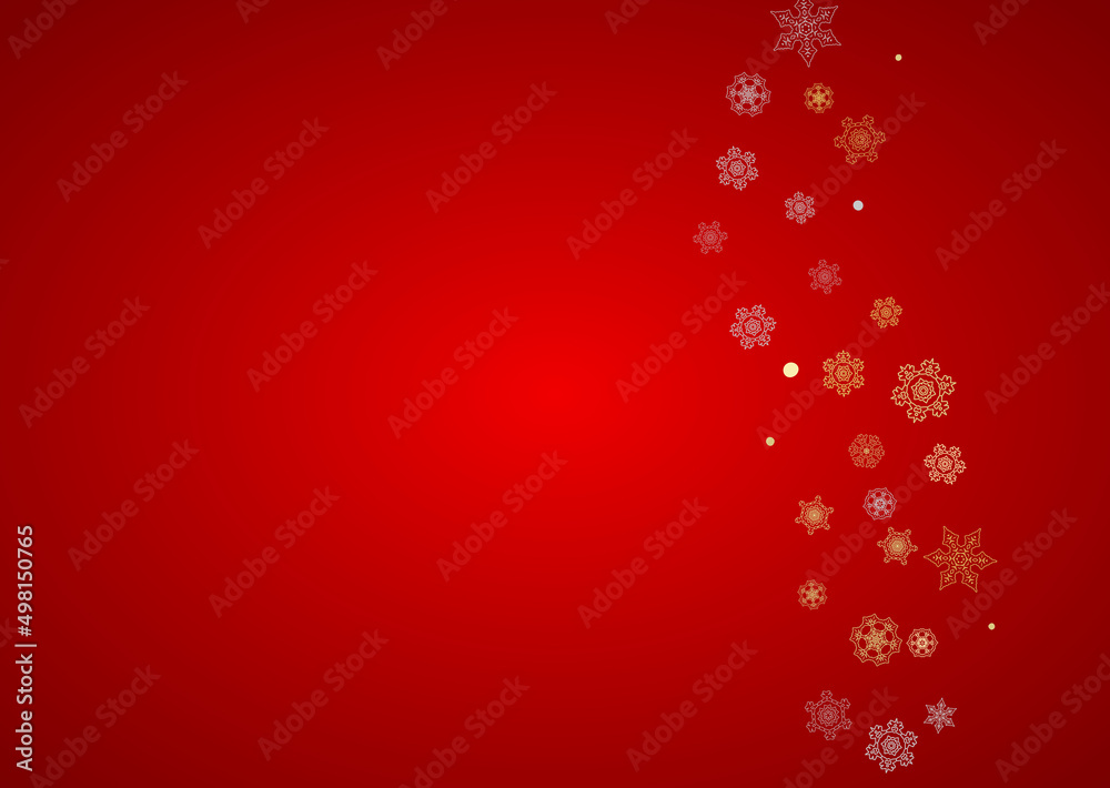 Christmas snow on red background. Glitter frame for winter banners, gift coupon, voucher, ads, party event. Santa Claus colors with golden Christmas snow. Horizontal falling snowflakes for holiday. Christmas snow on red background. Glitter frame for winter banners, gift coupon, voucher, ads, party event. Santa Claus colors with golden Christmas snow. Horizontal falling snowflakes for holiday.