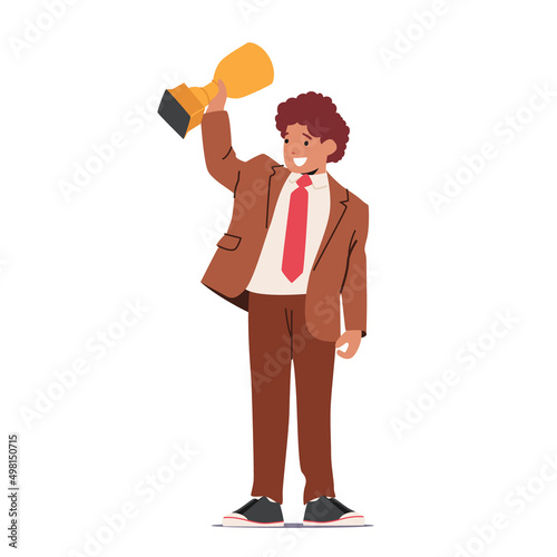 Little Smart Boy Character Wear Formal Suit Showing Golden Cup, Child Celebrating Victory, First Place Trophy