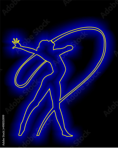 contour yellow drawing of a gymnast with tape on a black background, blue glow