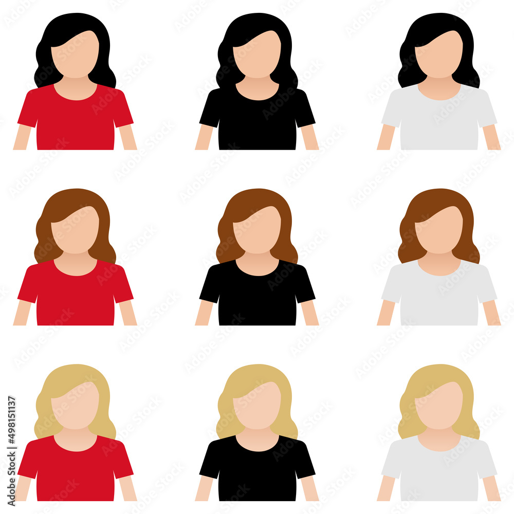 Set of women in different colors. Set of women avatars. People heads in flat style. Vector. Set of women in different colors. Set of women avatars. People heads in flat style. Vector.