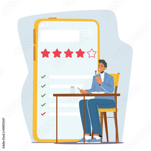 Satisfied Foodie Character Sitting at Table Enjoying Delicious Meals. Food Blogger or Critic Visiting Restaurant
