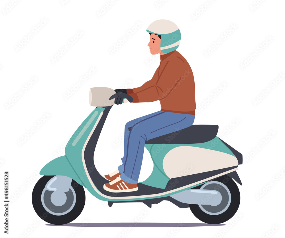 Φωτογραφία Male Character Wear Helmet Riding Motorcycle or Electric Scooter Isolated on White Background