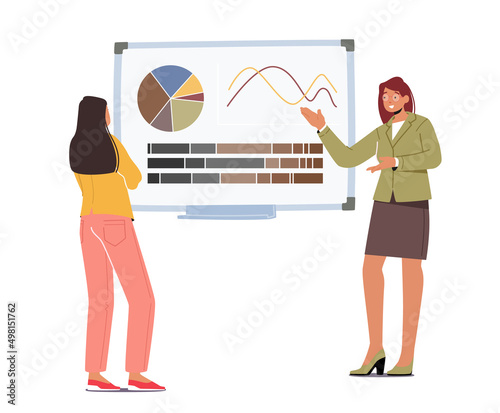 Business Woman on Presentation with Couch Character Conduct on Training or Seminar in Office, Trainer at Board with Data