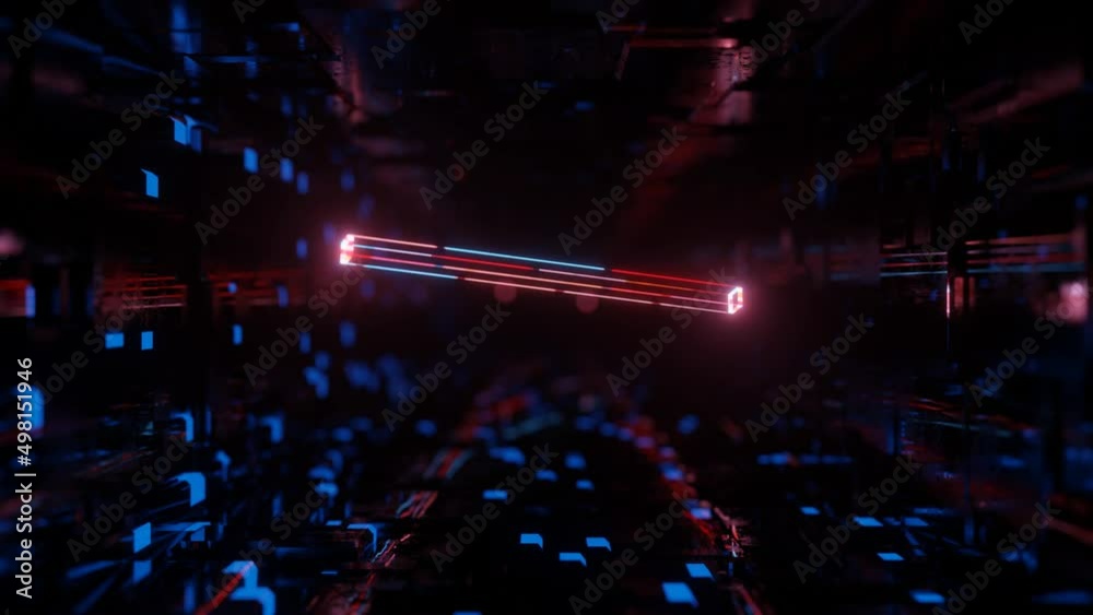 3d object or structure rotates and moves inside glass mirror tunnel with neon light, bright reflections. Frames. Fantastic abstract bg in 4k. Vj loop for show. Sci fi bg fly through hi tech tunnel